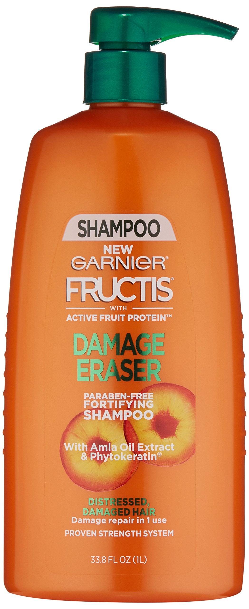 Garnier Fructis Damage Eraser shampoo bottle fortifies damaged hair.