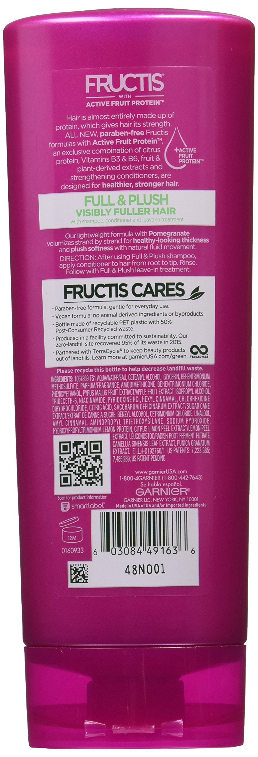 Garnier Fructis Full and Plush conditioner ingredients closeup highlighting fruit proteins for stronger-feel hair