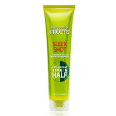 Garnier Fructis Sleek Shot bottle front promises 24-hour frizz control