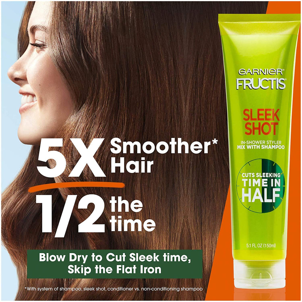 Garnier Fructis Sleek Shot label close-up shows 1:1 mix with shampoo