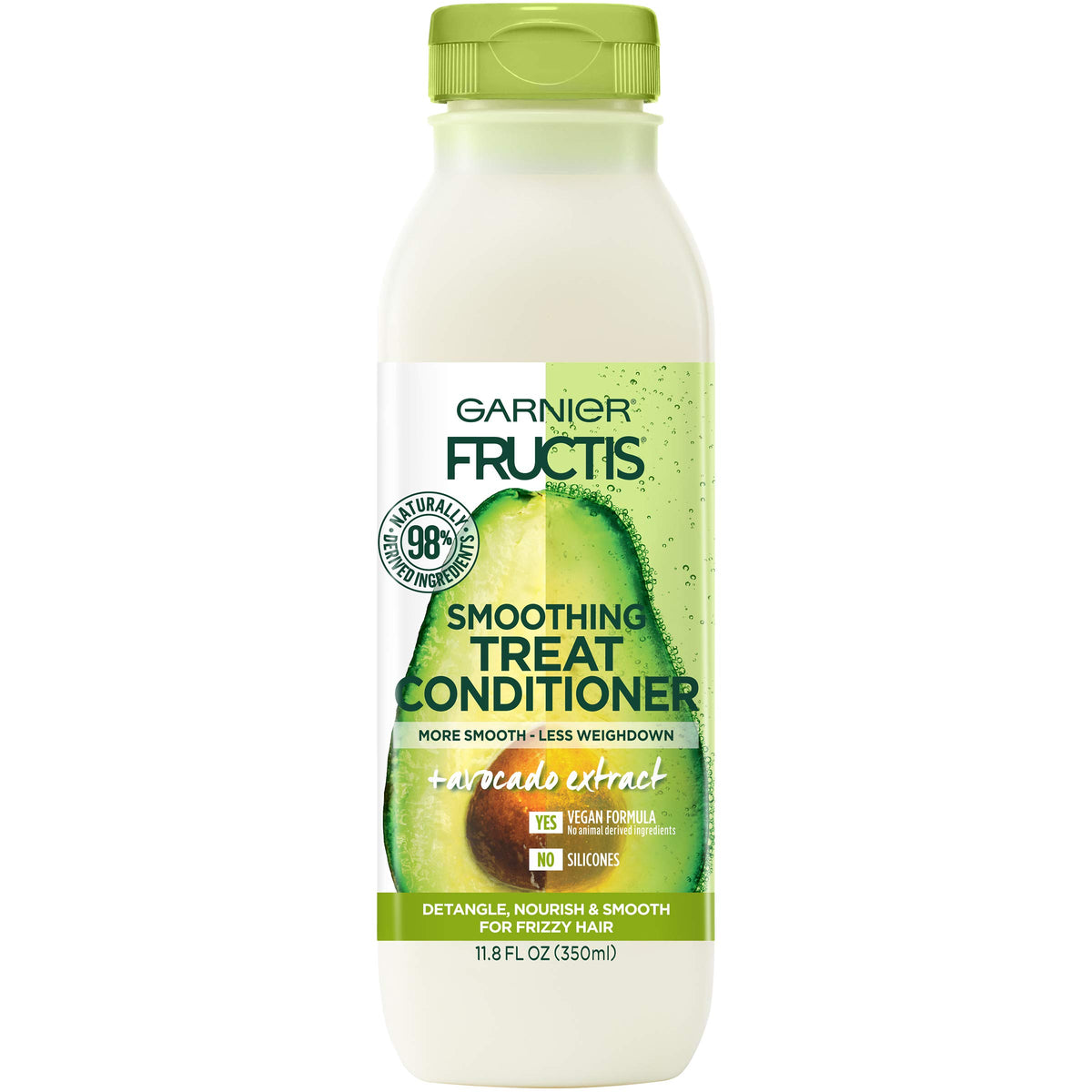 Garnier Fructis smoothing treat conditioner avocado bottle highlighting lightweight frizz control