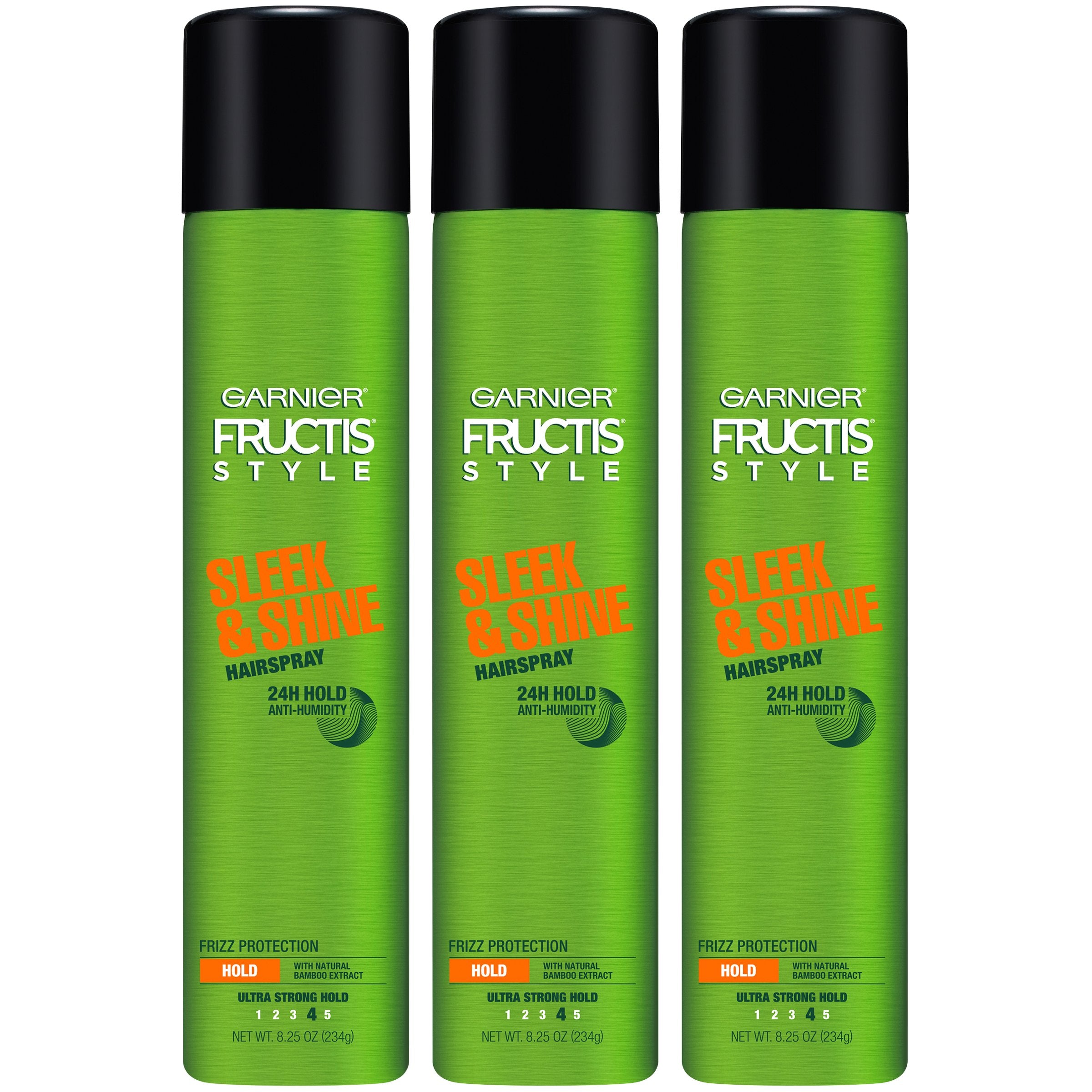 Garnier Fructis Style Sleek Shine bottle shows ultra-strong hold and anti-humidity protection