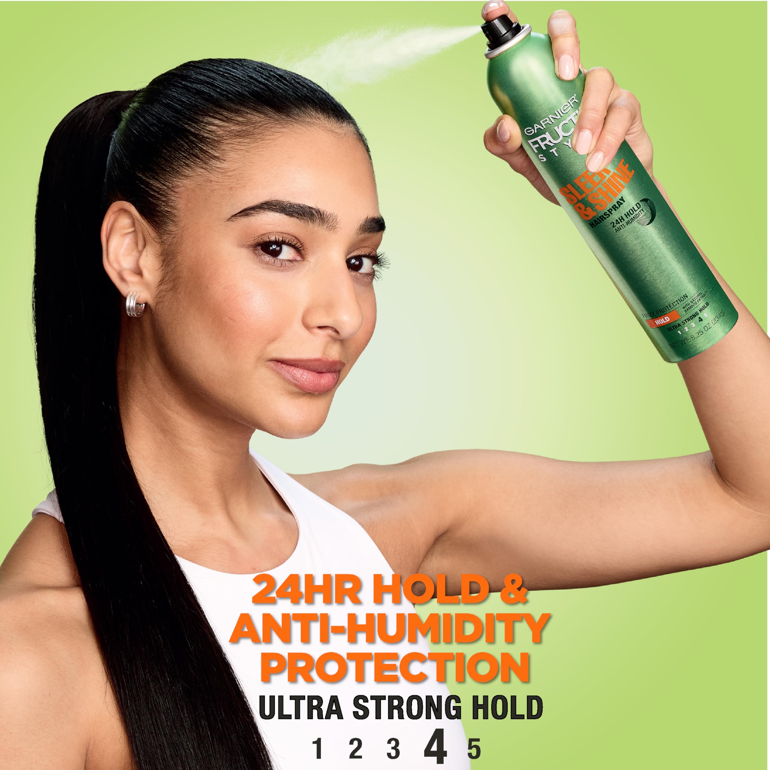 Garnier Fructis Style Sleek Shine spray demonstrates quick, even hold for frizz control