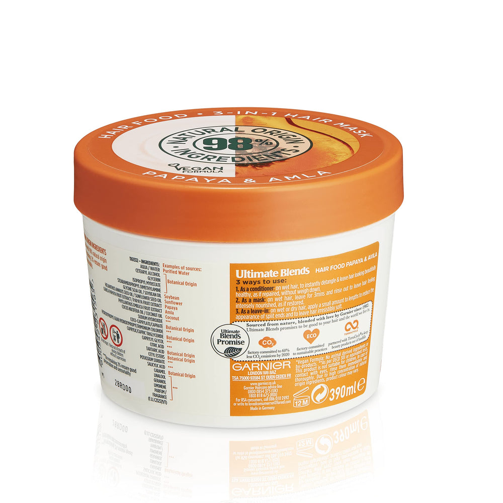 Garnier Hair Food Papaya 3-in-1 amla enrichment supports frizz control.