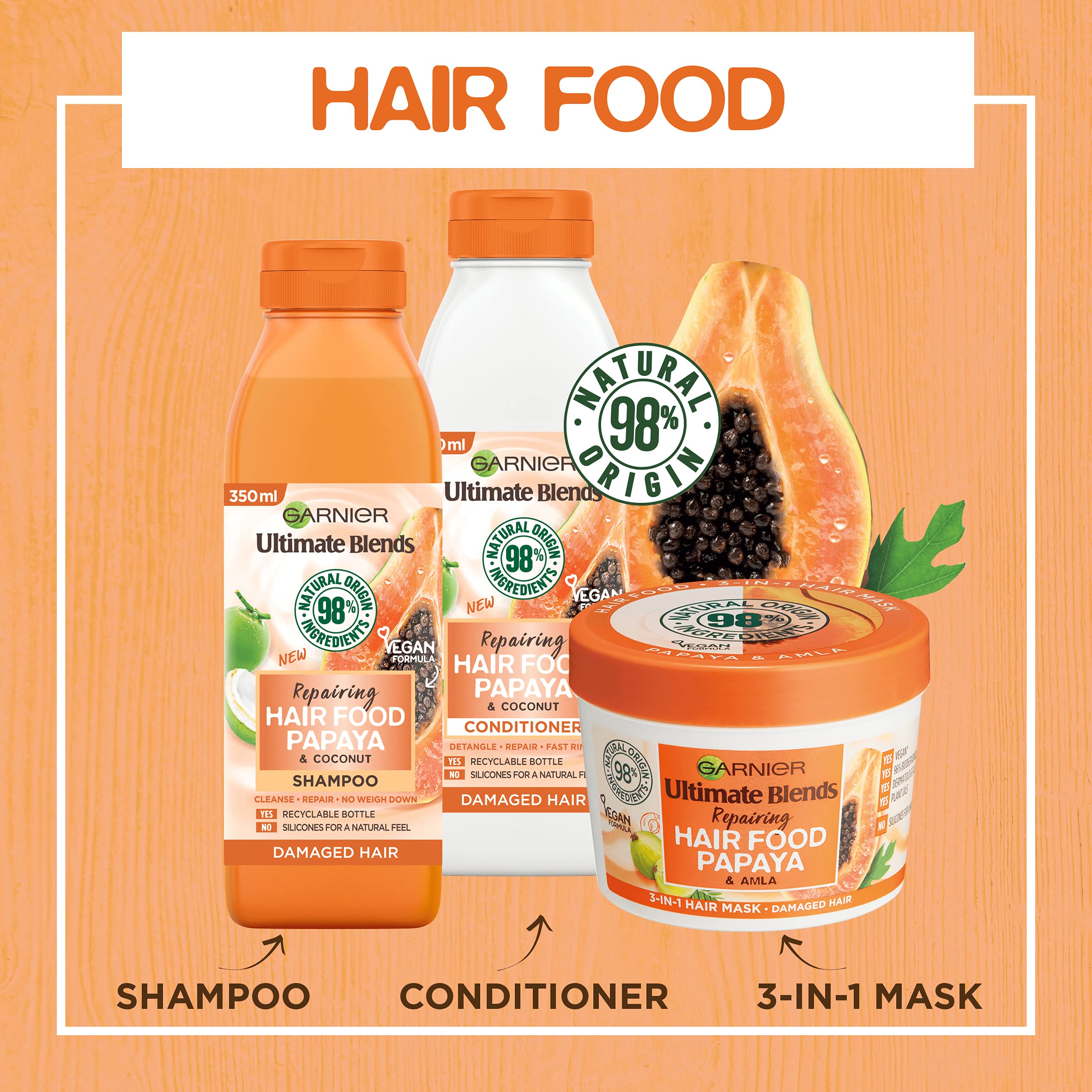 Garnier Hair Food Papaya 3-in-1 mask for frizz-friendly finish.