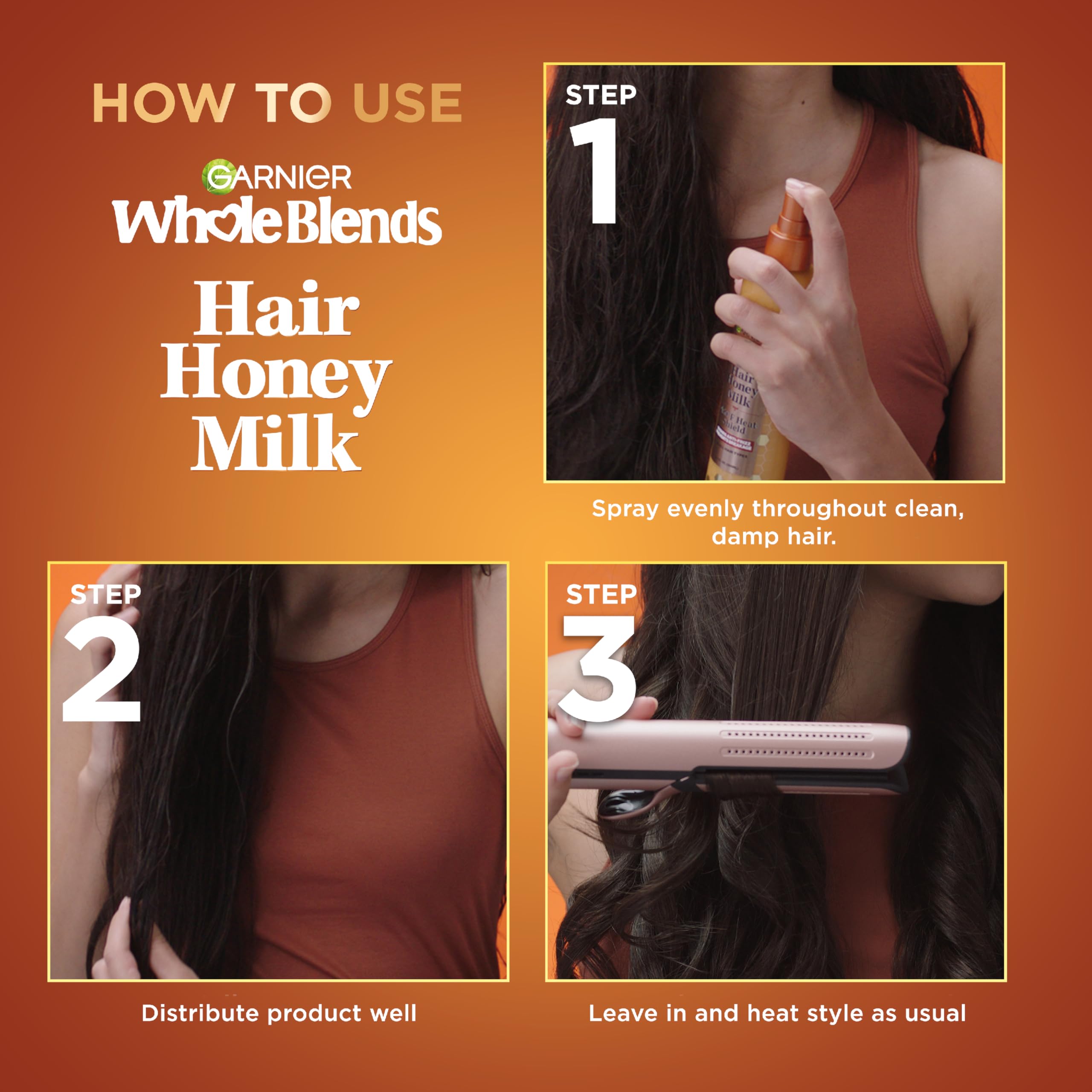 Garnier Honey Milk damp-hair application demonstrates even distribution.