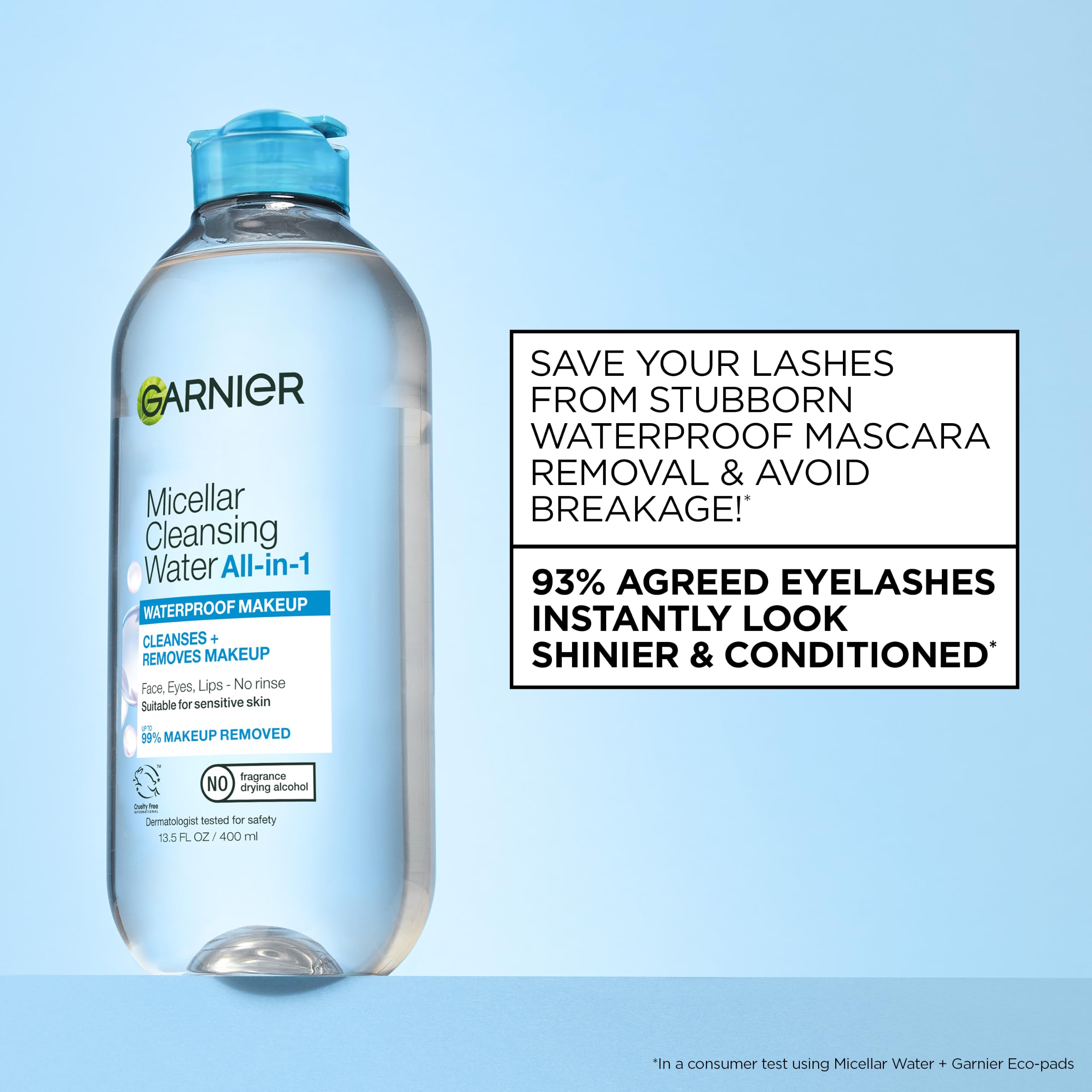 Garnier micellar pad held to closed eye to remove waterproof makeup gently