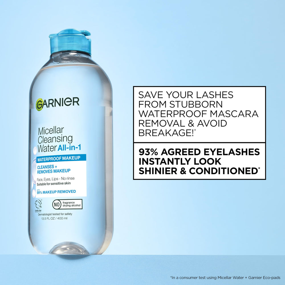 Garnier micellar pad held to closed eye to remove waterproof makeup gently