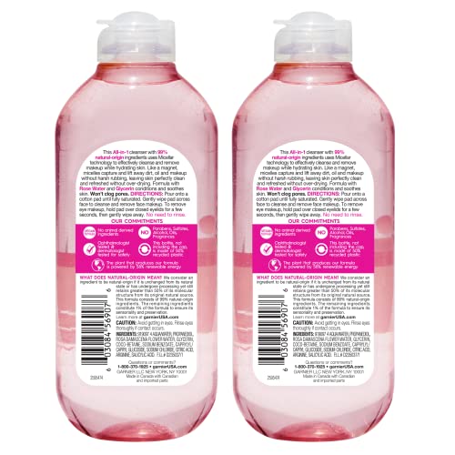 Garnier Micellar Water Rose bottle closeup shows hydrating cleansing effect.