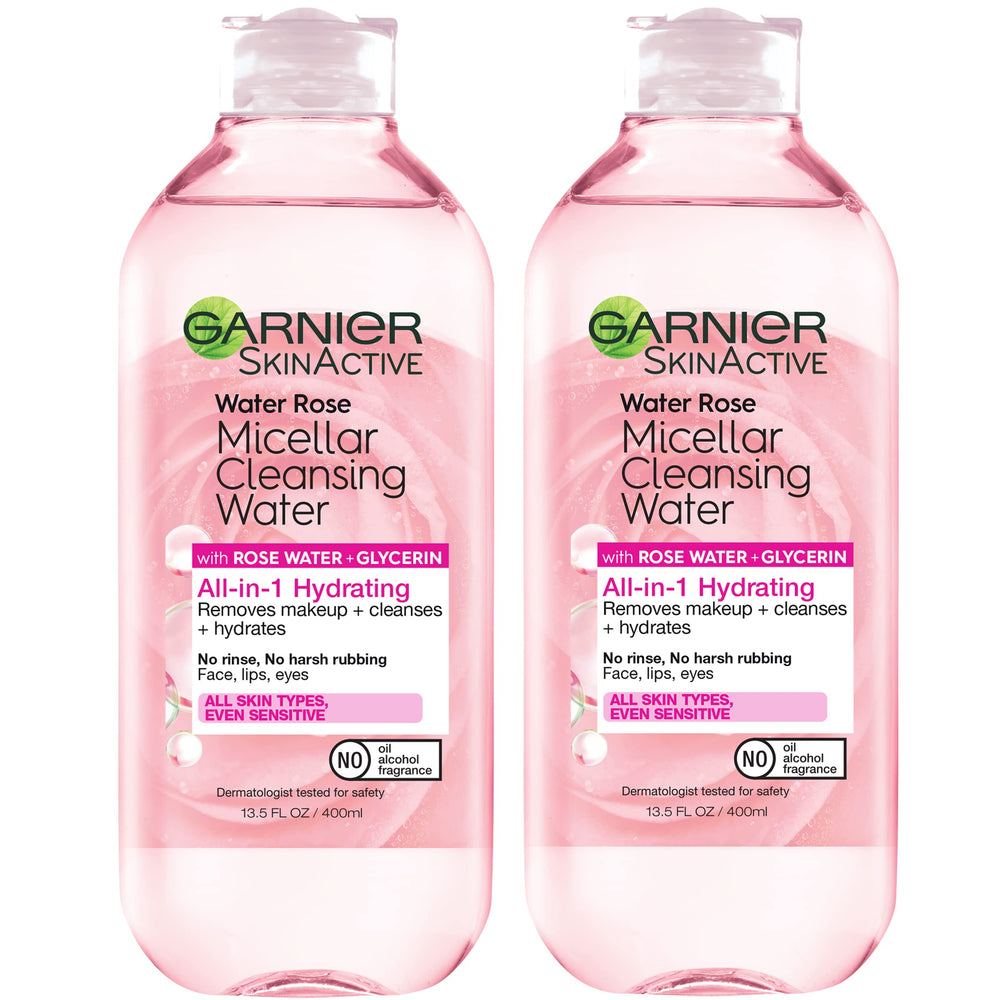 Garnier Micellar Water Rose bottle pour cleanses gently and removes makeup.