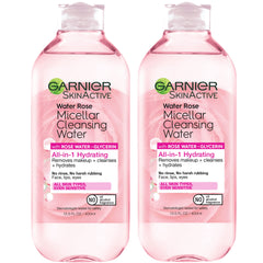 Garnier Micellar Water Rose bottle pour cleanses gently and removes makeup.