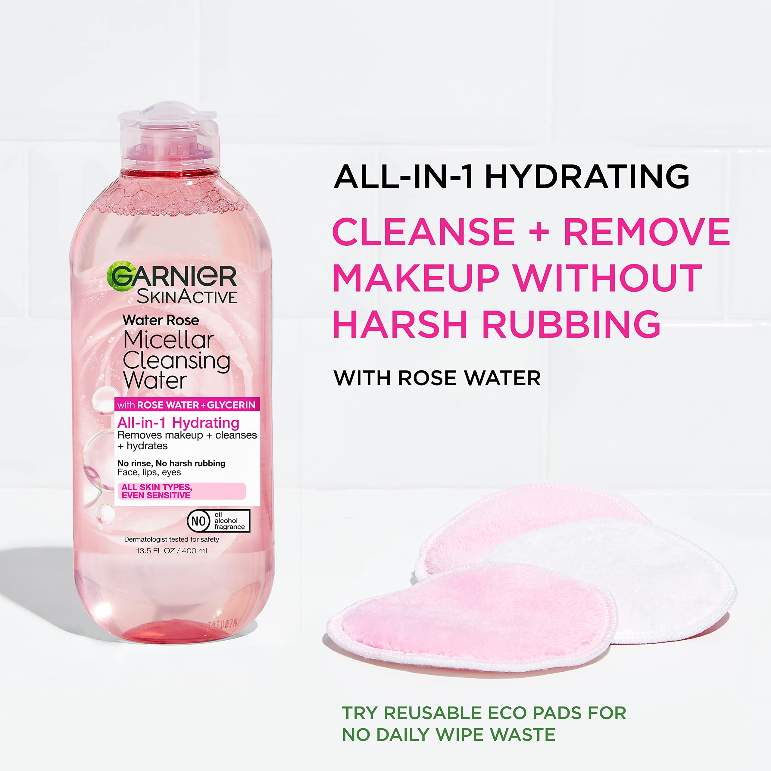Garnier Micellar Water Rose cotton pad removal demonstrates gentle makeup lifting.