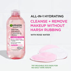 Garnier Micellar Water Rose cotton pad removal demonstrates gentle makeup lifting.