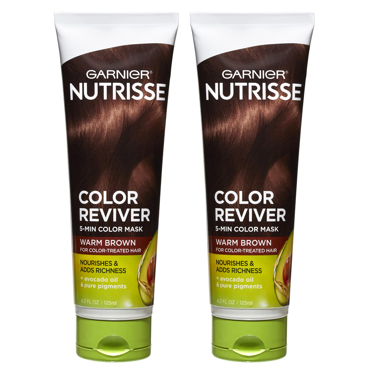 Garnier Nutrisse Color Reviver bottle displaying warm brown color renewal in minutes for color-treated hair.