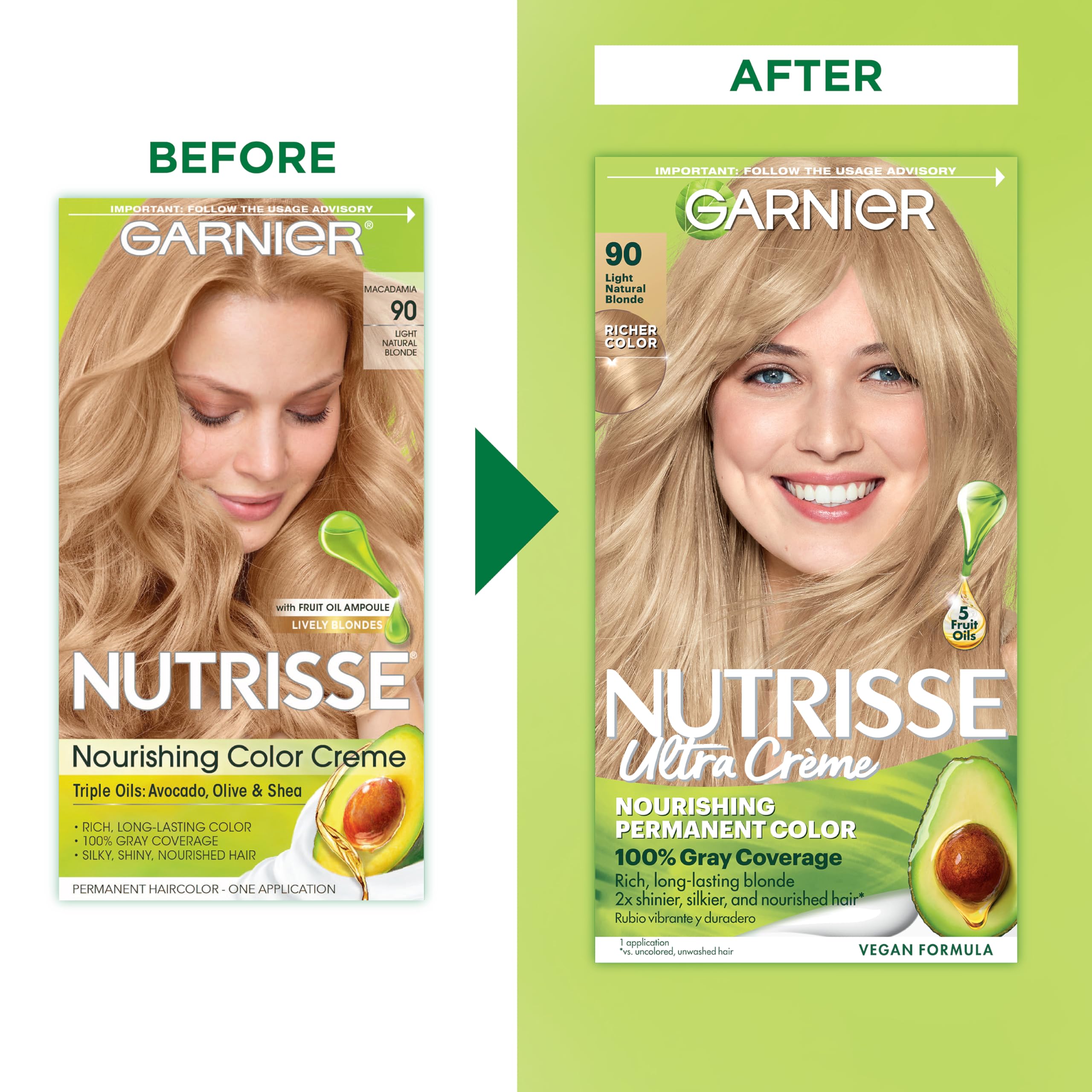 Garnier Nutrisse dye for 90 Light Natural Blonde Macadamia swatch demonstrates shade result.