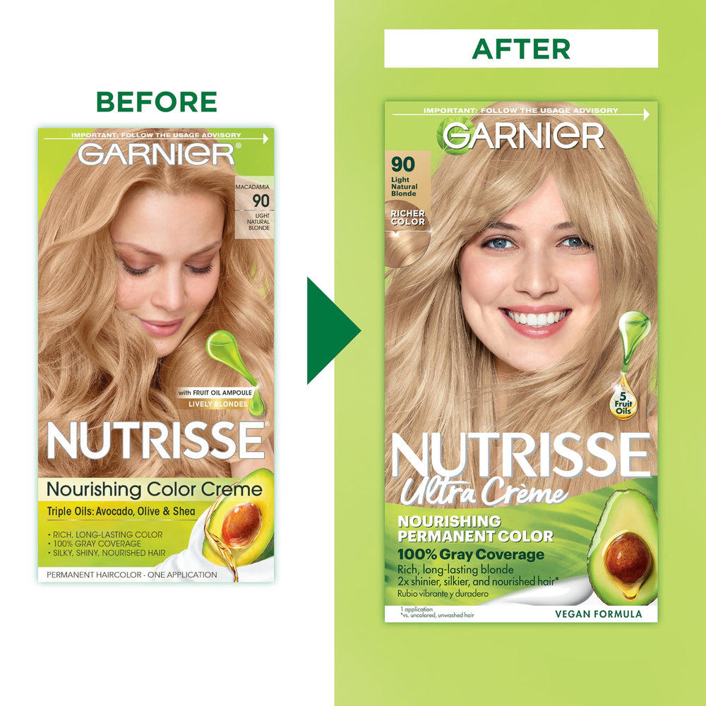 Garnier Nutrisse dye for 90 Light Natural Blonde Macadamia swatch demonstrates shade result.