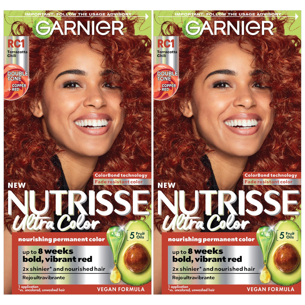 Garnier Nutrisse RC1 copper red bottle preview for vivid, long-lasting color.