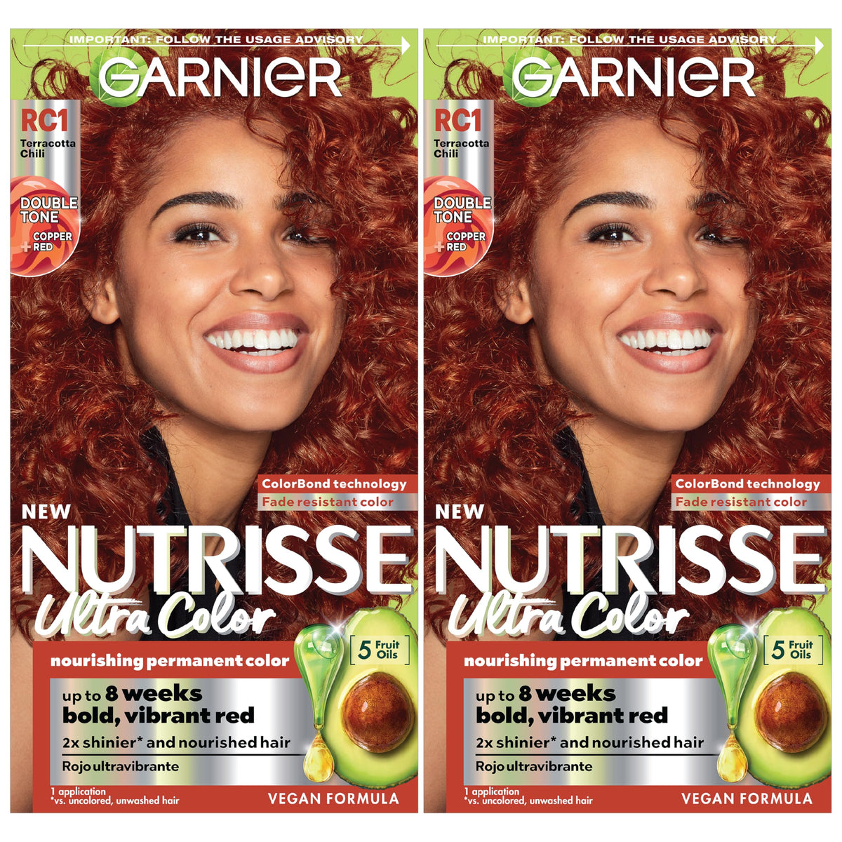 Garnier Nutrisse RC1 copper red bottle preview for vivid, long-lasting color.