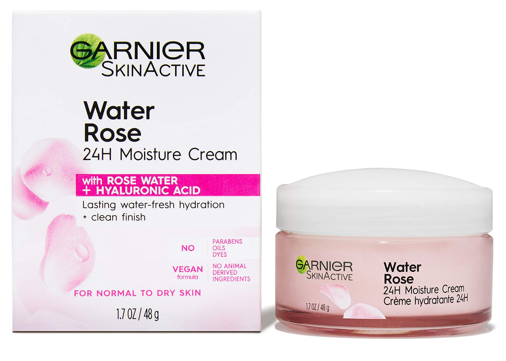 Garnier rose flower with 24H cream suggesting fresh scent.