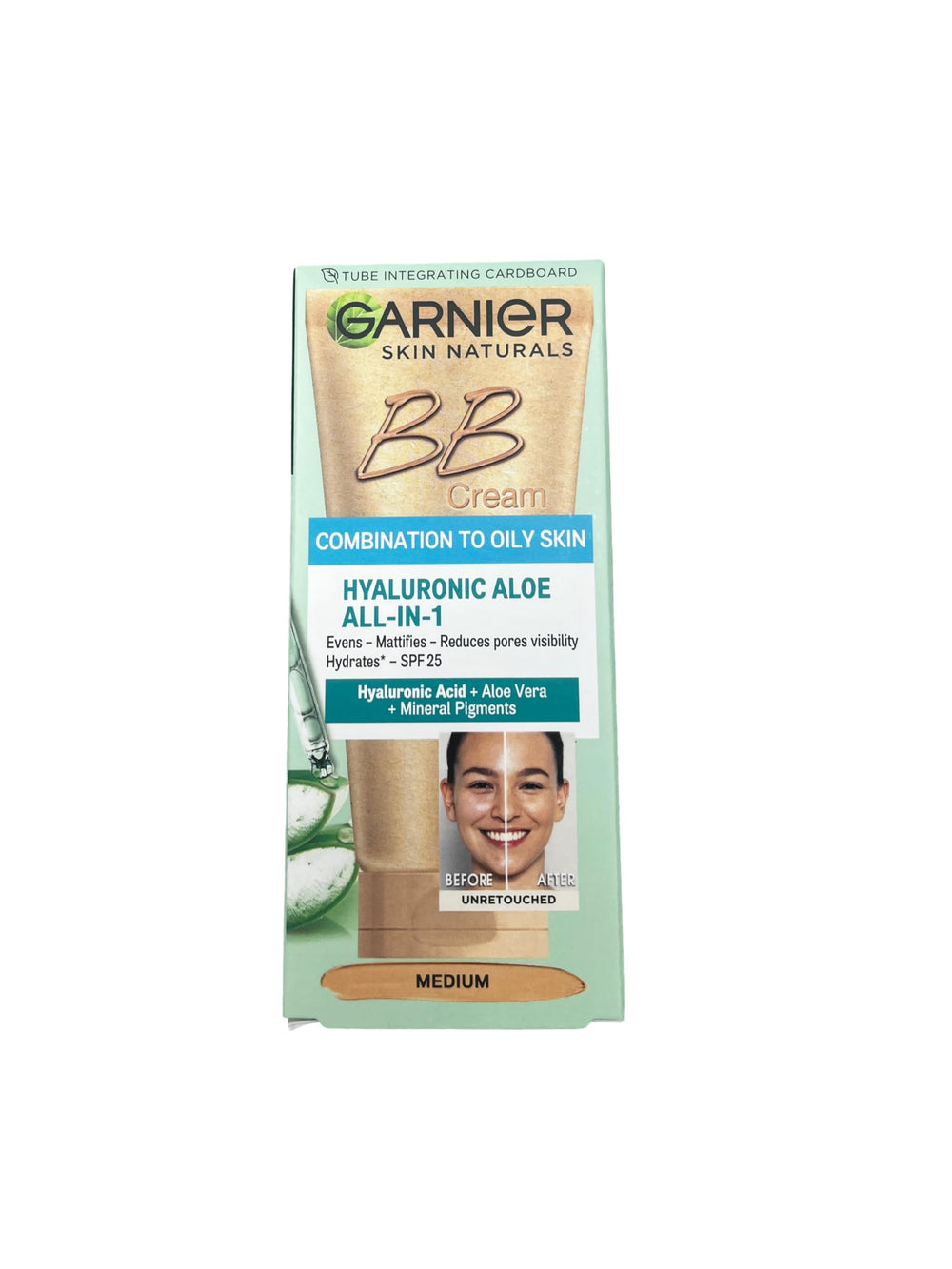 Garnier Skin Naturals BB Cream hydration texture close-up highlighting hyaluronic moisturizer and aloe relief.