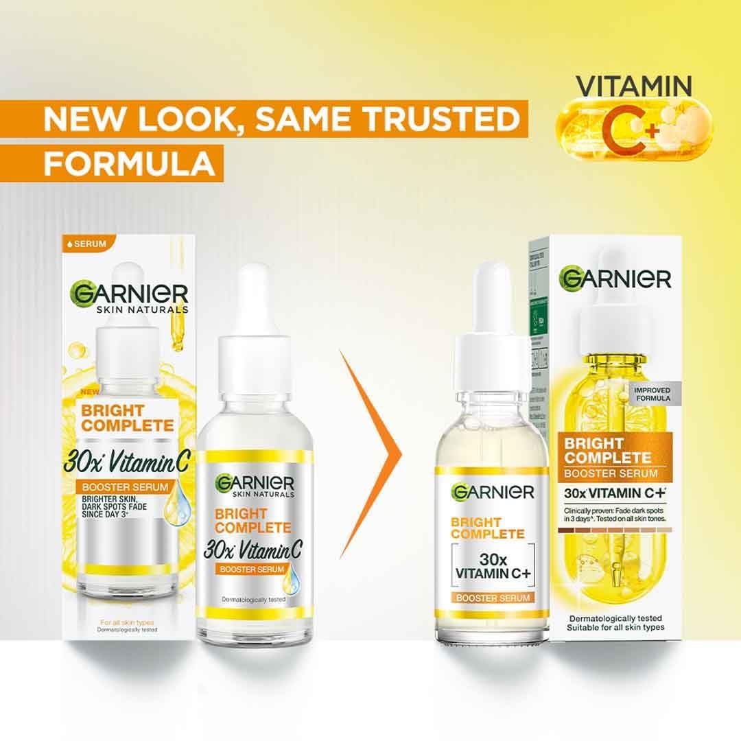 Garnier Skin Naturals Glow Serum label close-up showing vitamin C boost for daily radiance.