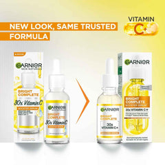 Garnier Skin Naturals Glow Serum label close-up showing vitamin C boost for daily radiance.