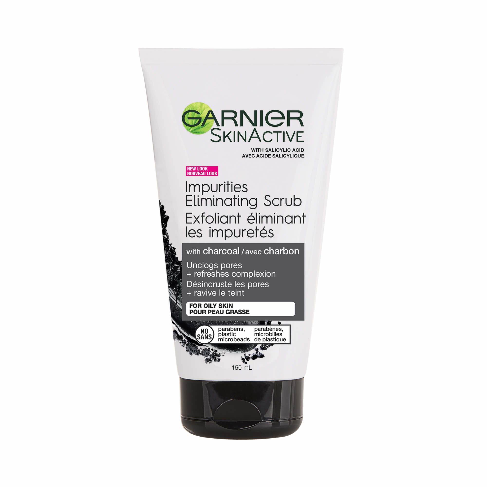 Garnier SkinActive Charcoal Scrub bottle promotes pore-clearing cleansing for oily skin.
