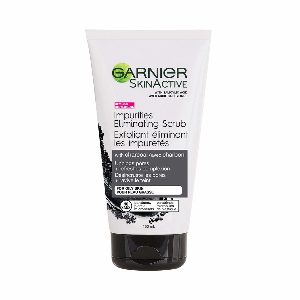 Garnier SkinActive Charcoal Scrub bottle promotes pore-clearing cleansing for oily skin.