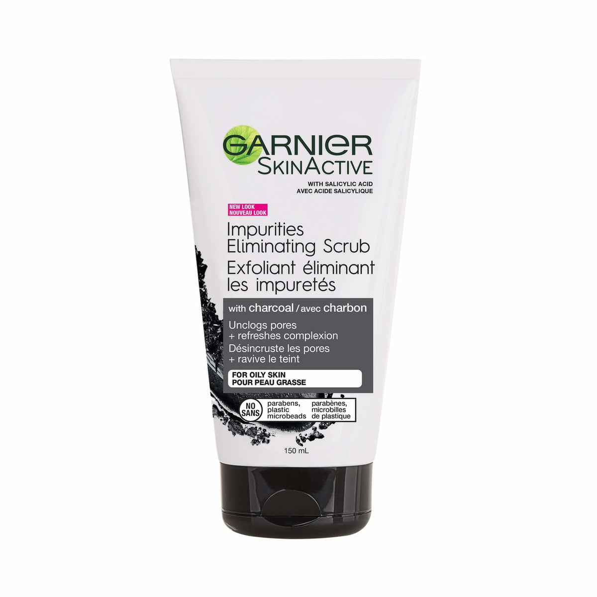 Garnier SkinActive Charcoal Scrub bottle promotes pore-clearing cleansing for oily skin.