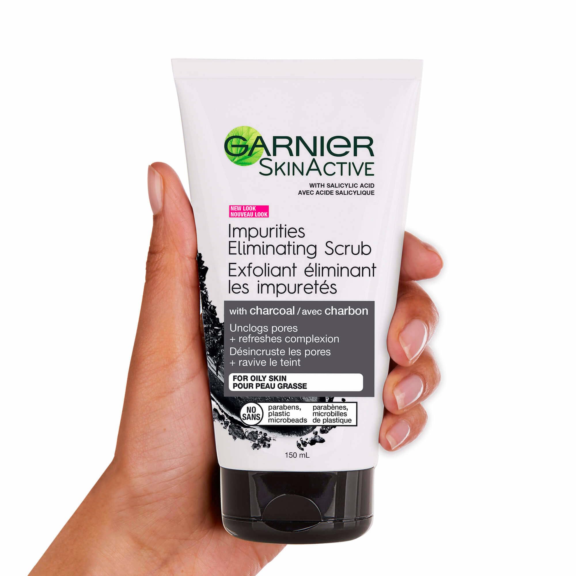 Foam on hand demonstrates gentle cleansing and smoothing with Garnier Scrub.