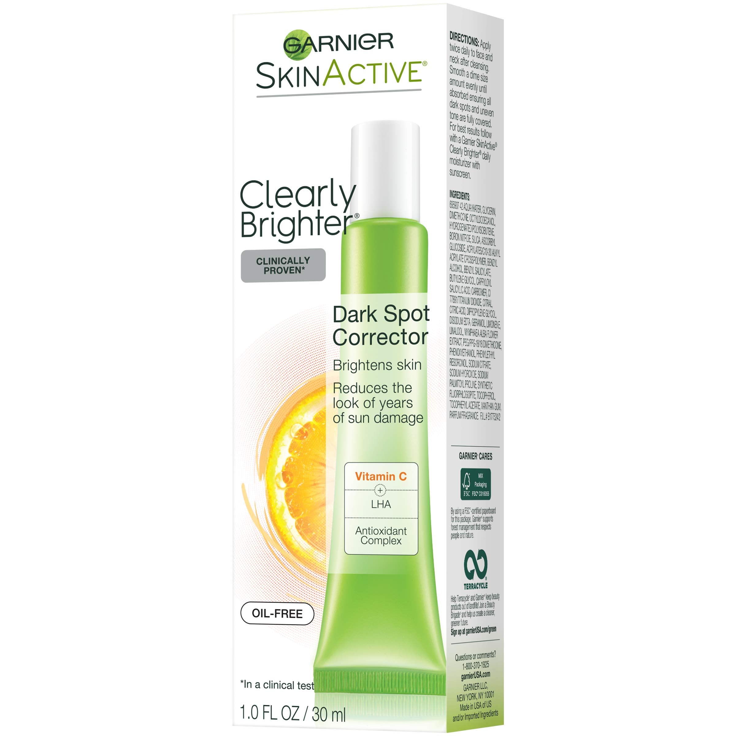 Garnier SkinActive Clearly Brighter clinical-results highlights two-week visible improvement potential.
