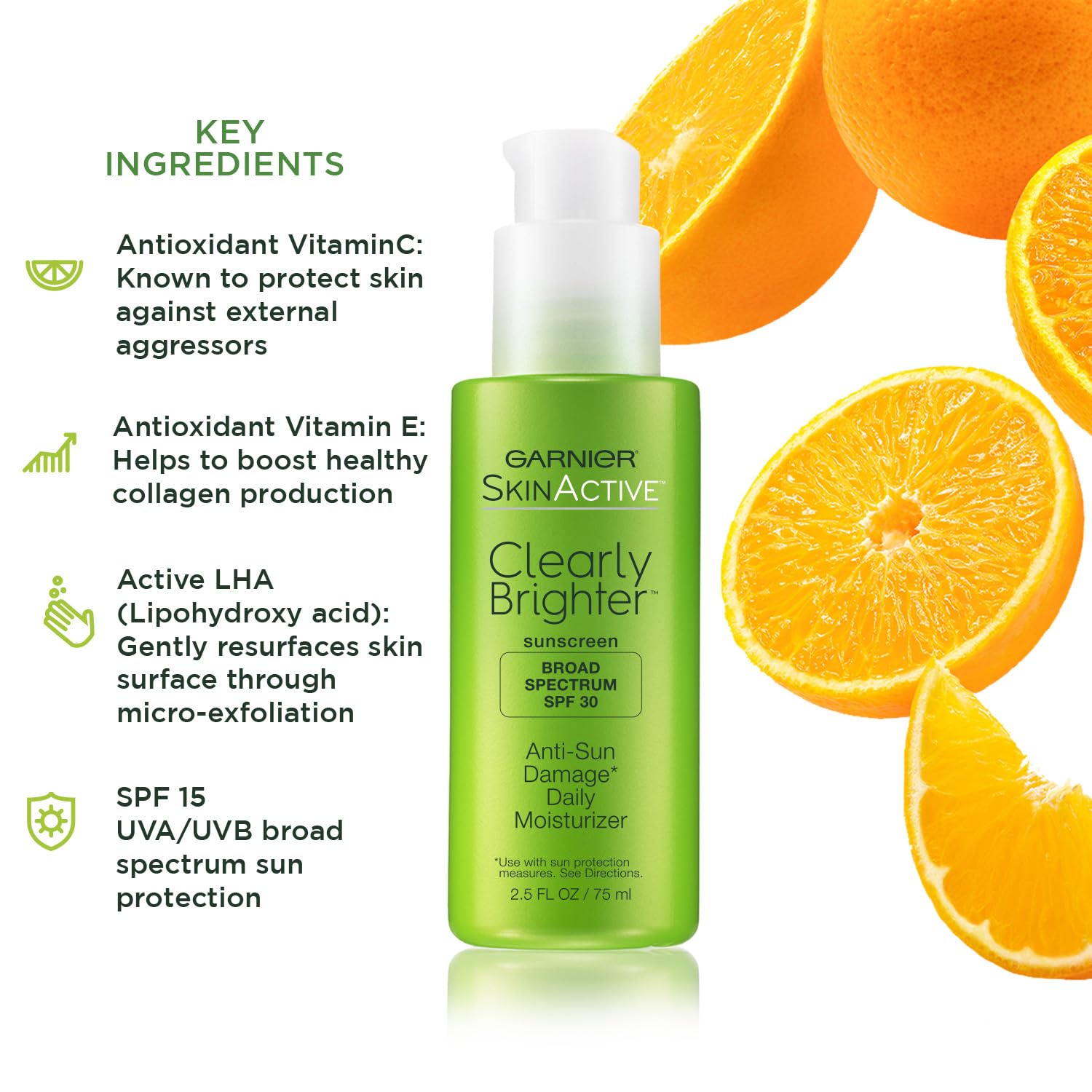 Garnier SkinActive Clearly Brighter SPF 30 cream close-up showing fast-absorbing texture