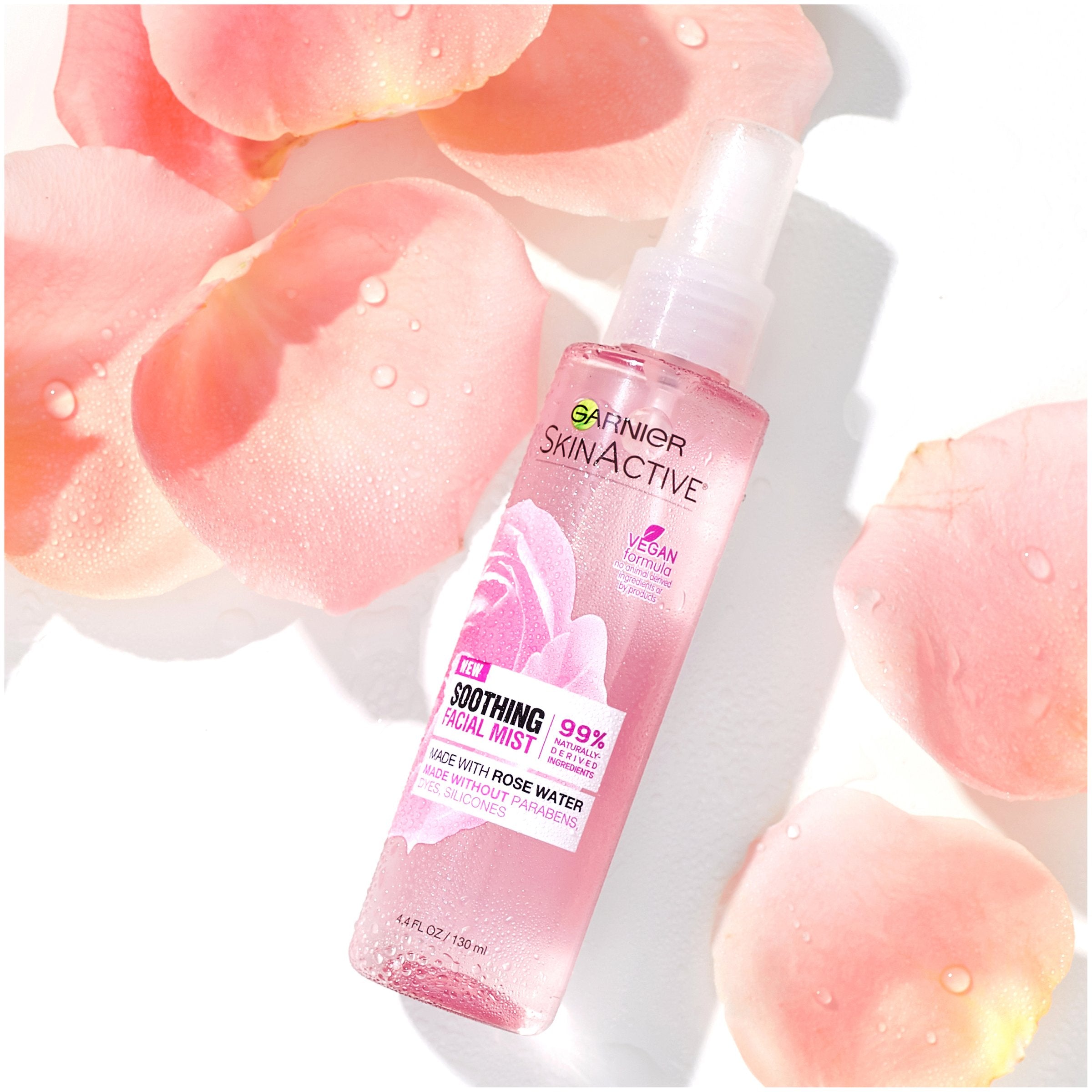 Garnier SkinActive rose water mist sensitive skin care in action.