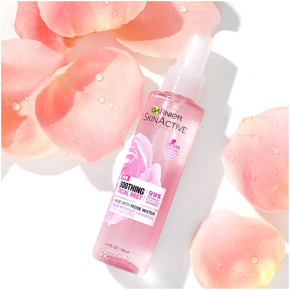 Garnier SkinActive rose water mist sensitive skin care in action.