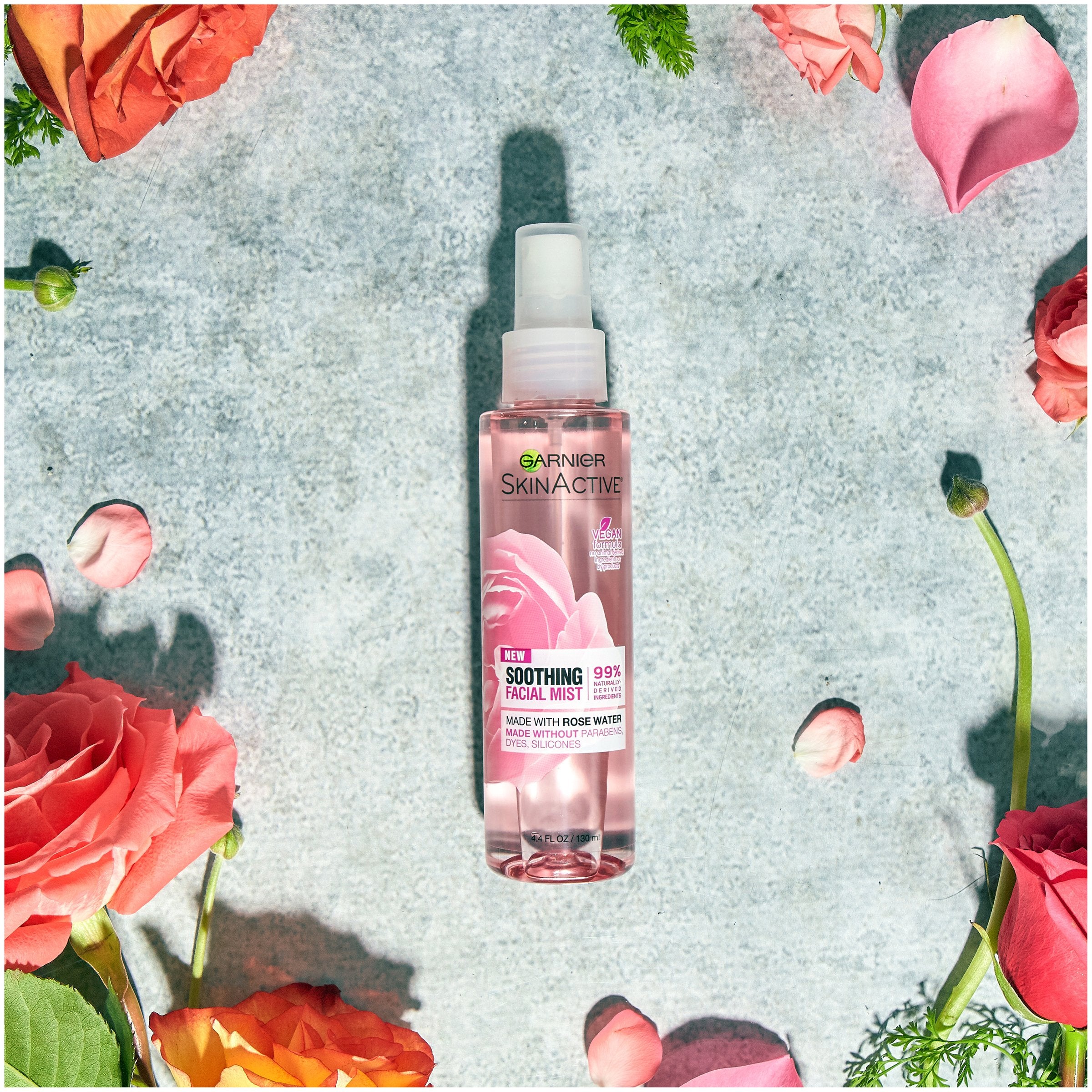 Garnier SkinActive rose water mist for skin hydration throughout the day.