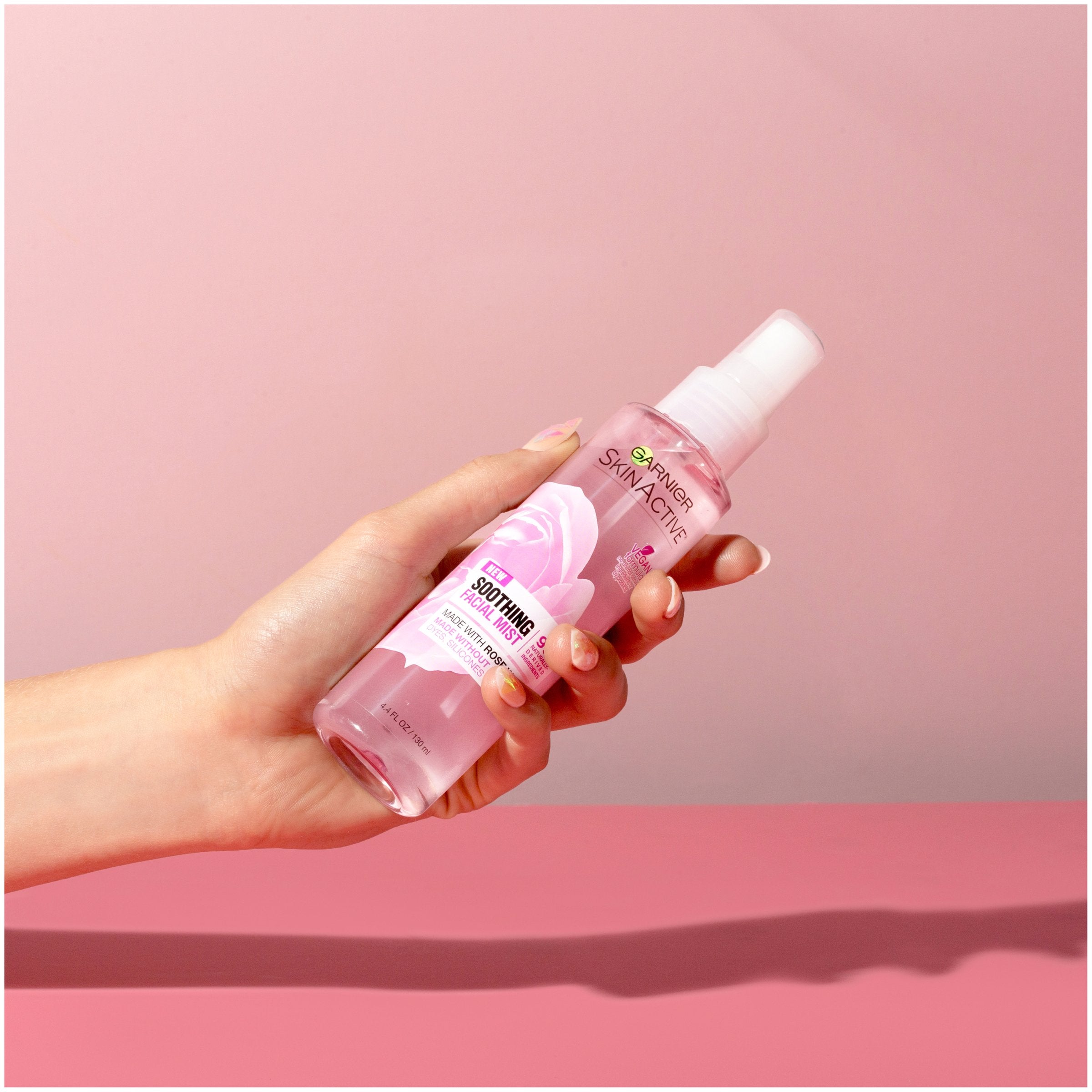 Garnier SkinActive rose water mist vegan formula for clean beauty.