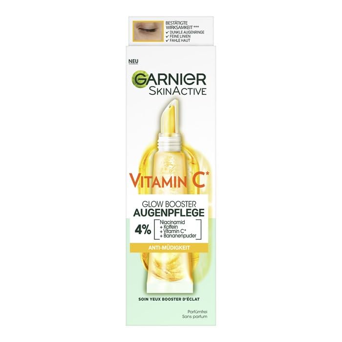 Garnier Vitamin C routine packaging image links complementary products for an enhanced brightness regimen