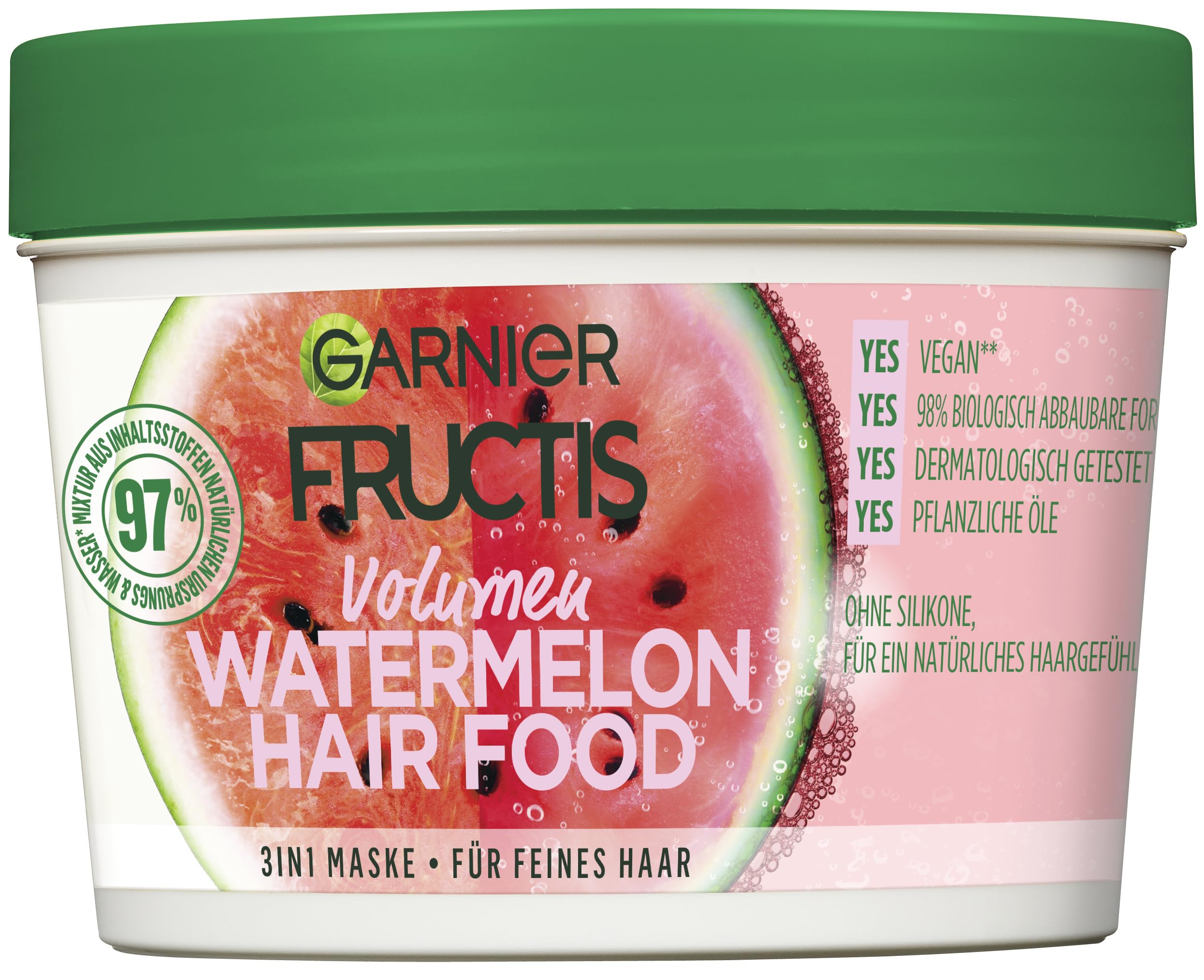 Garnier Watermelon Hairfood bottle closeup highlighting nourishing formula for lightweight shine