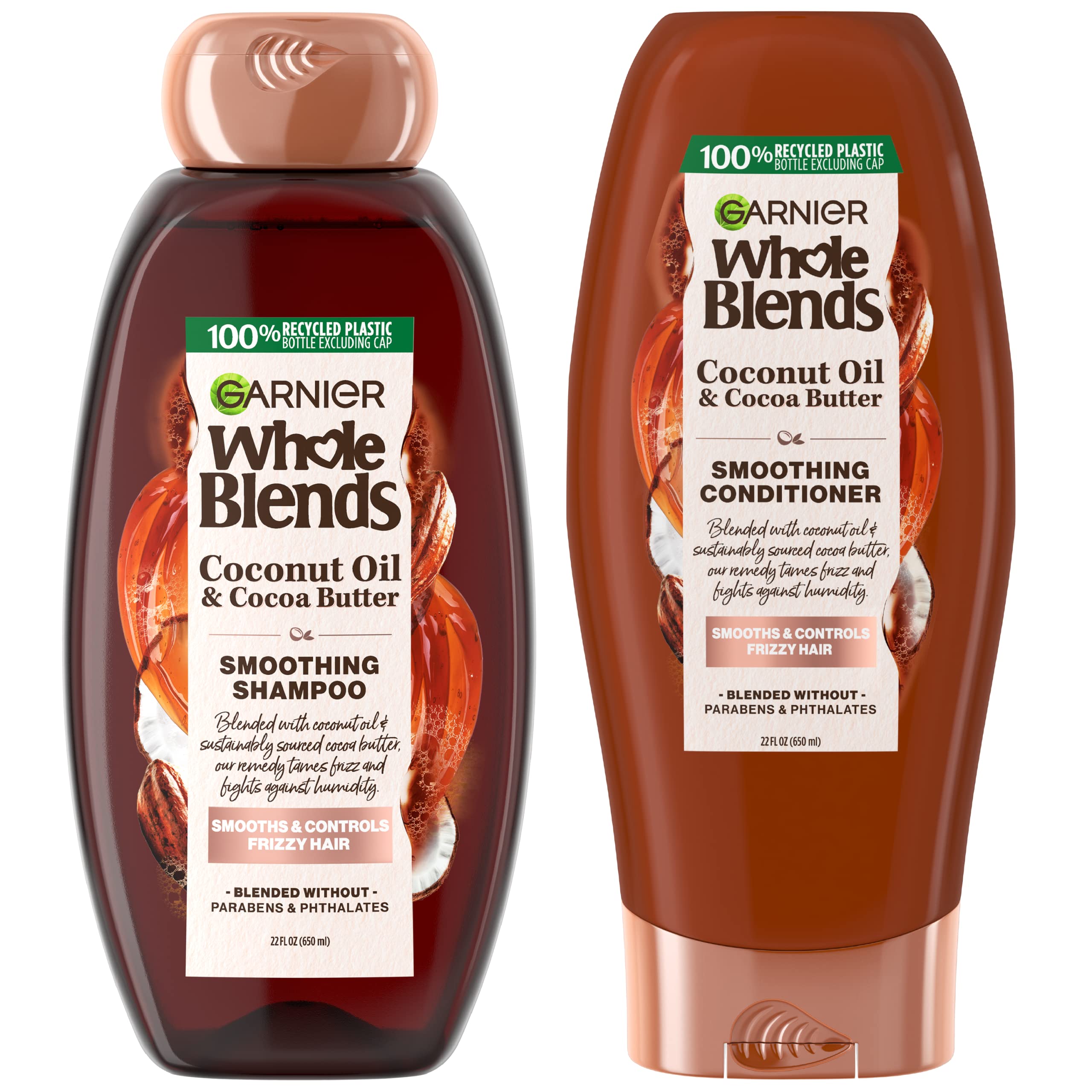 Garnier Whole Blends coconut oil shampoo bottle pour supports smooth frizz control