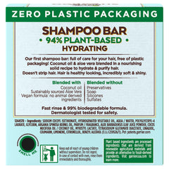 Garnier Whole Blends Hydrating Shampoo Bar closeup with Coco & Aloe Vera for gentle cleansing.