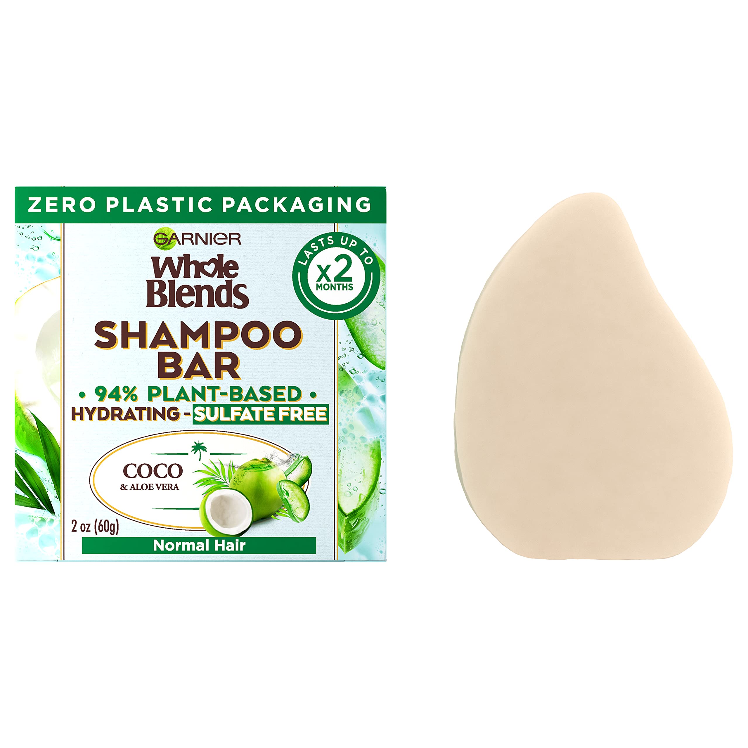 Garnier Whole Blends Hydrating Shampoo Bar packaging shows zero plastic for eco-friendly routine.