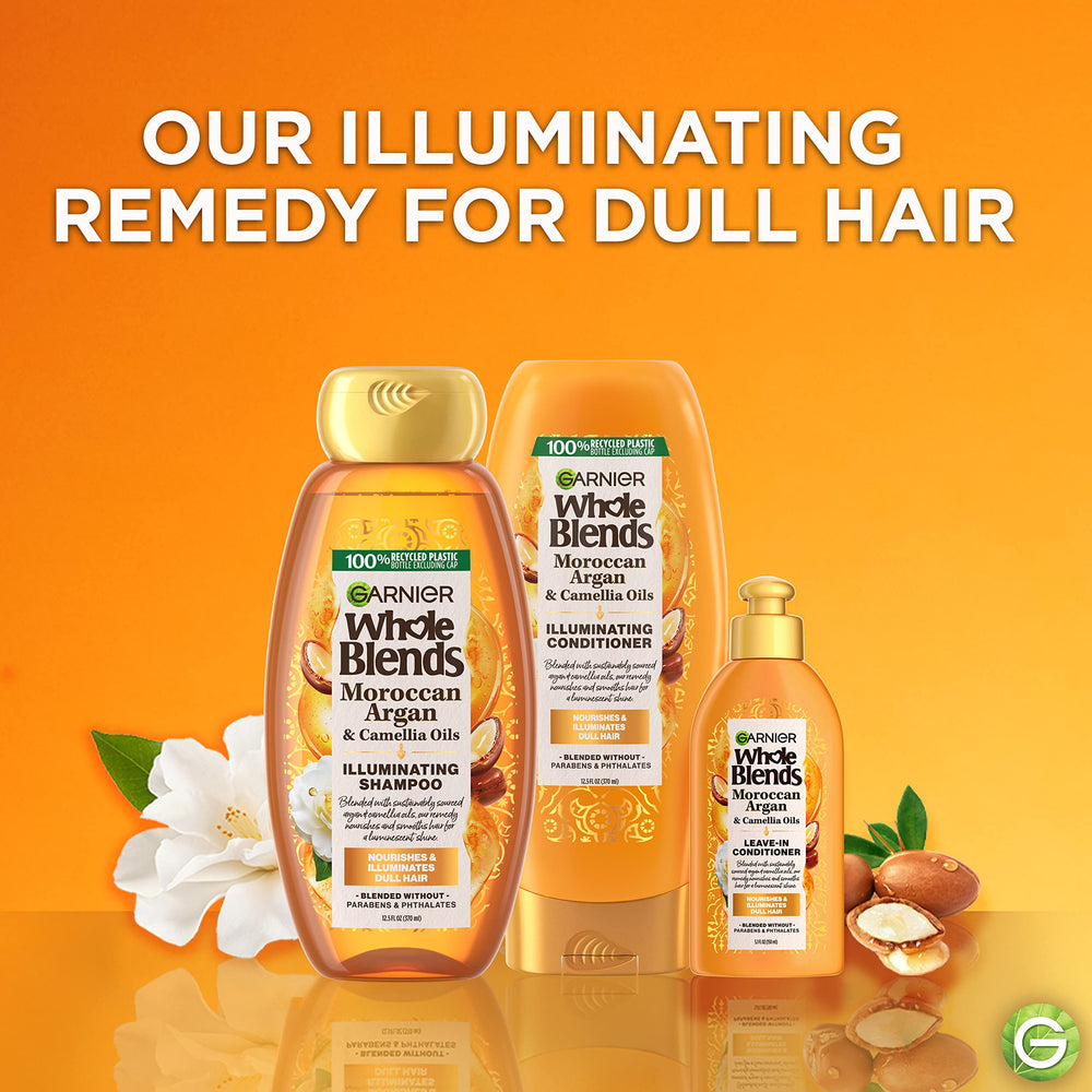 Garnier Whole Blends Moroccan Argan Camellia oils label detail highlighting premium ingredients.