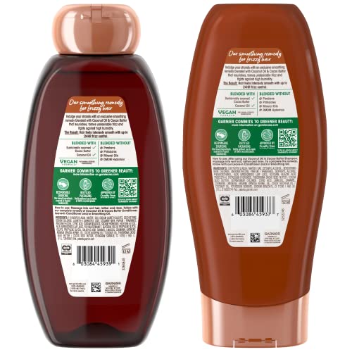 Garnier Whole Blends smoothing shampoo application scene highlights frizz reduction