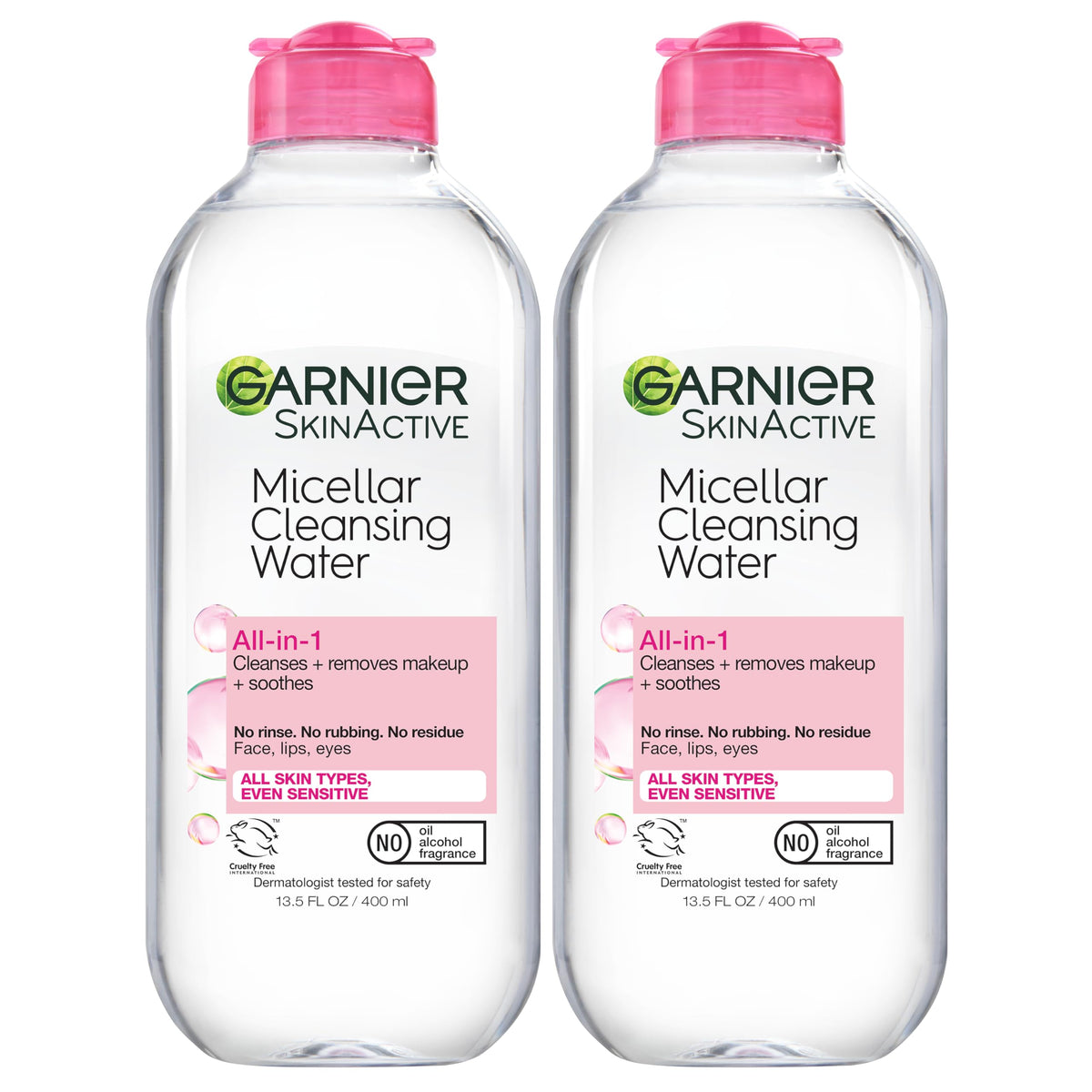 Garnier Micellar Water bottle front view showing gentle daily cleansing and makeup removal.