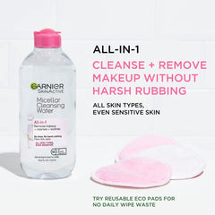 Garnier Micellar Water bottle side view highlighting compact packaging for sensitive skin.