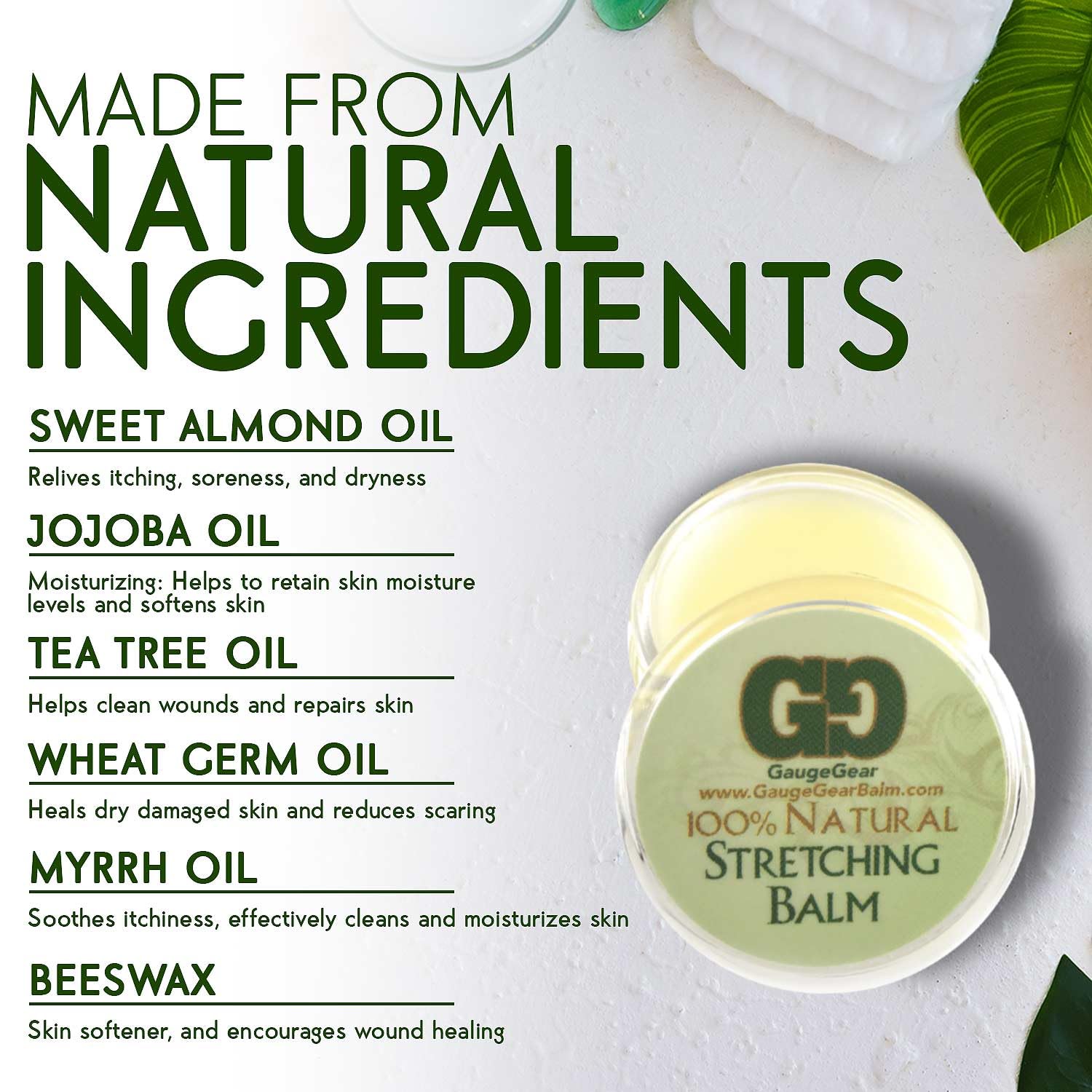 Gauge Gear stretching lubricant closeup; natural blend supports gentle skin care.