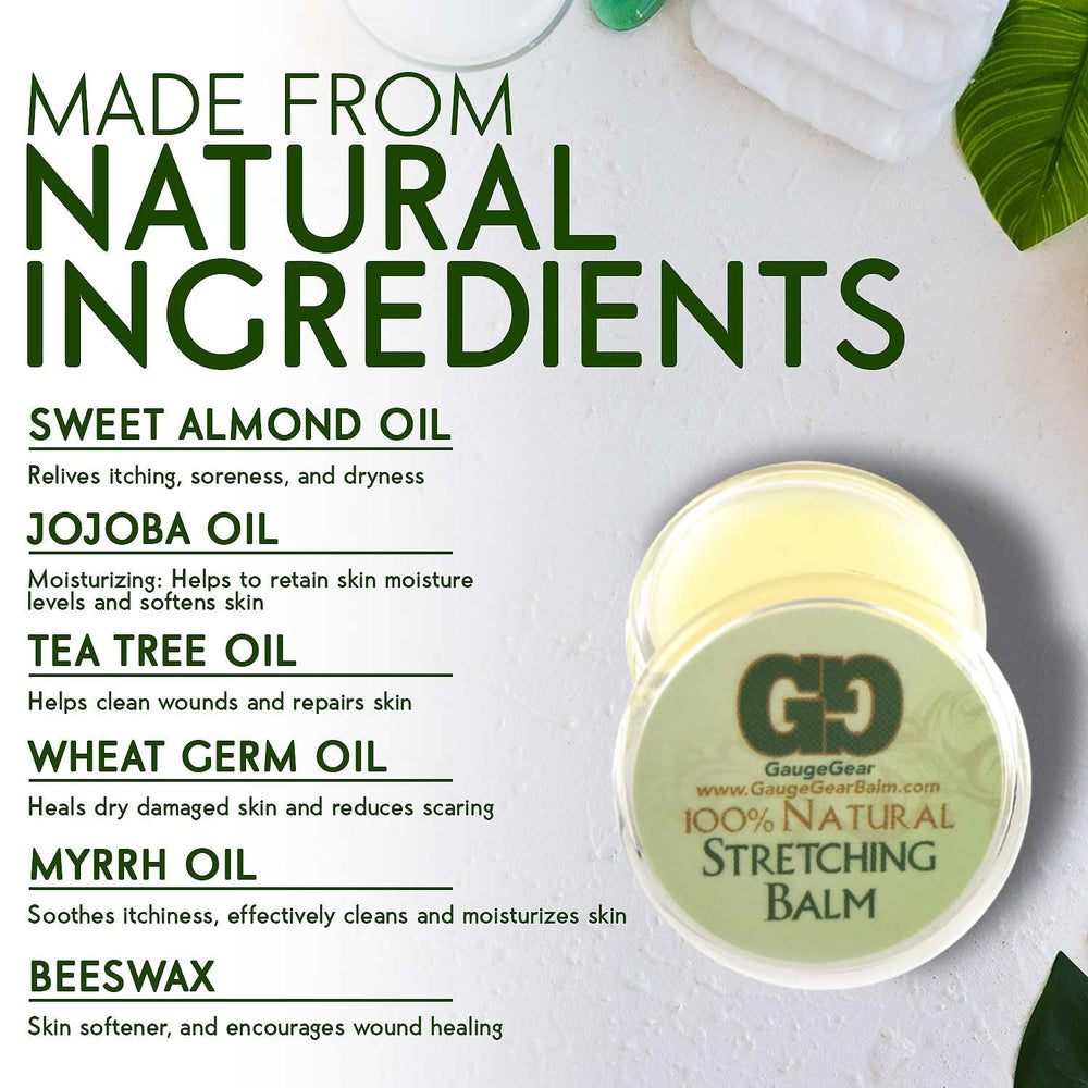 Gauge Gear stretching lubricant closeup; natural blend supports gentle skin care.