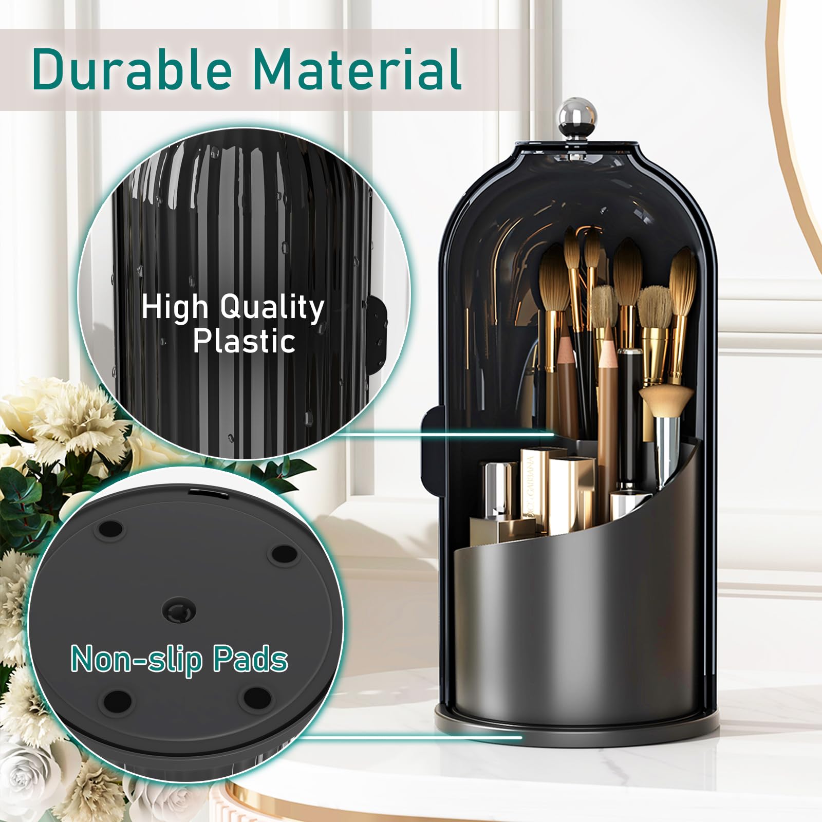 GAXmi dark black vanity organizer keeps cosmetics tools organized.