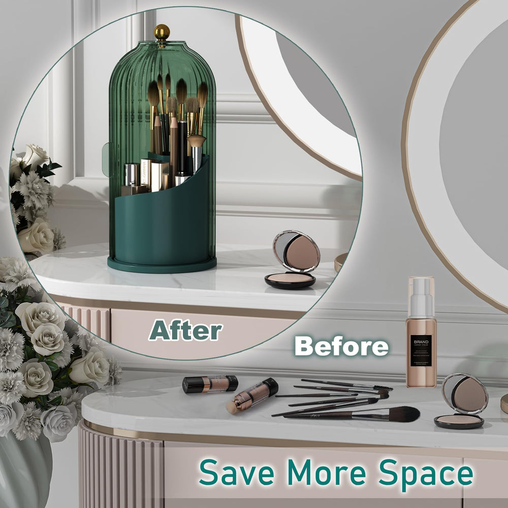 GAXmi makeup brush holder with 3 compartments accommodates various brush sizes and tools.