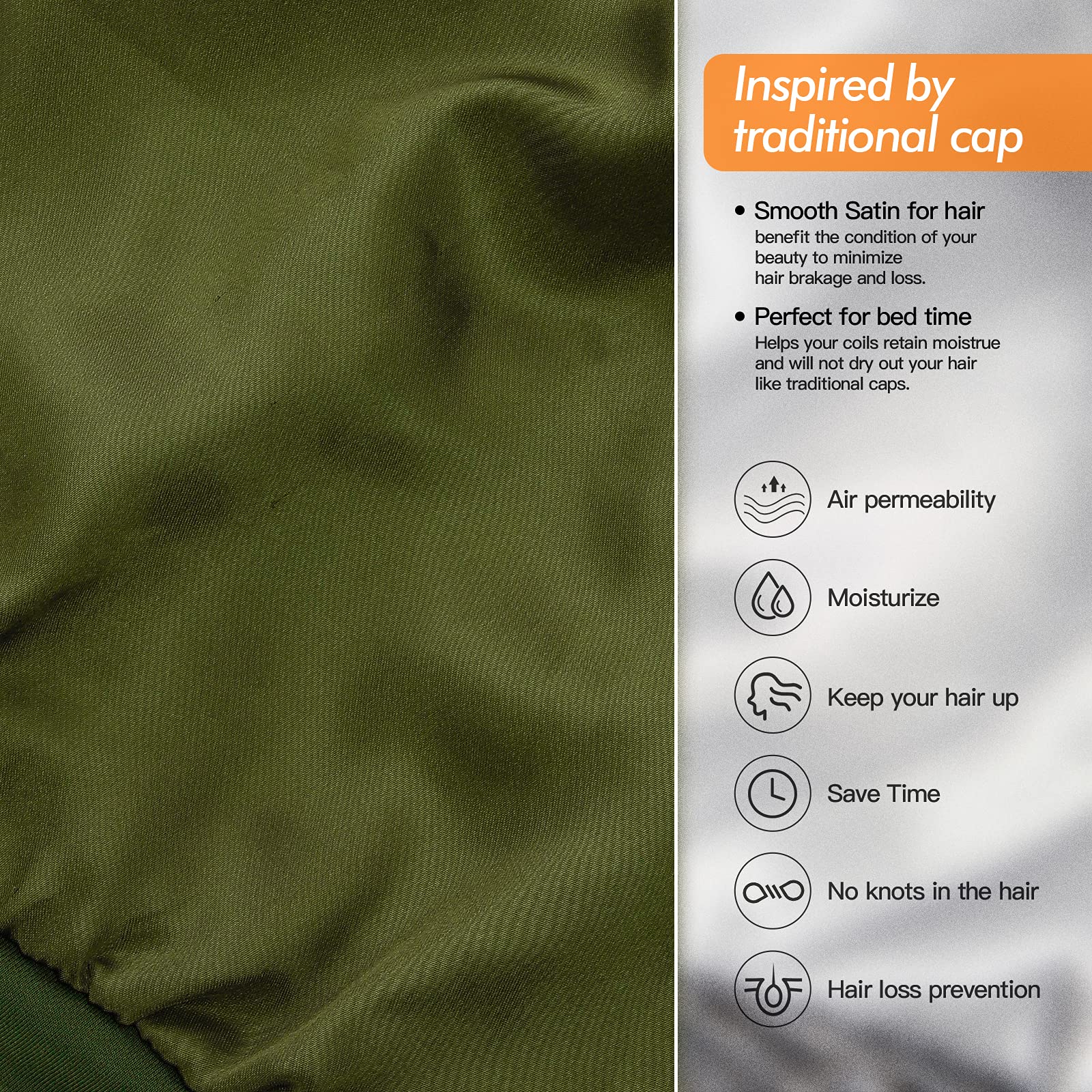 GB Selected hair wrap on model demonstrates comfortable olive green coverage for curly hair.